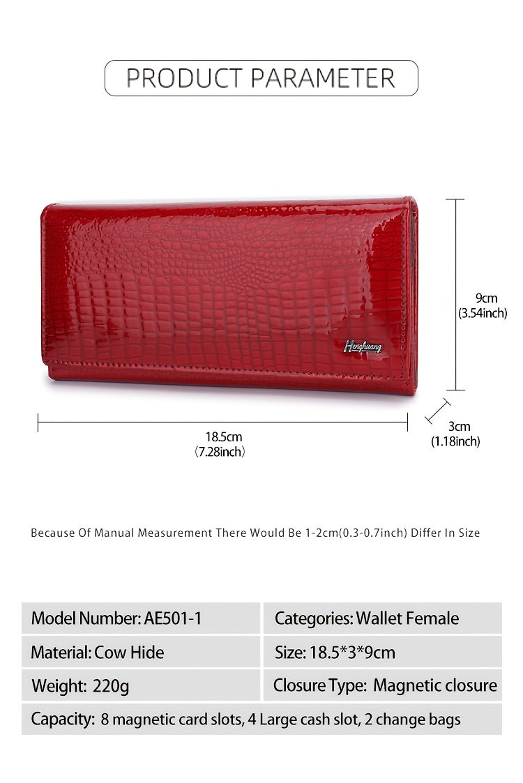Portefeuille femme long croco verni, disponible en 7 coloris
