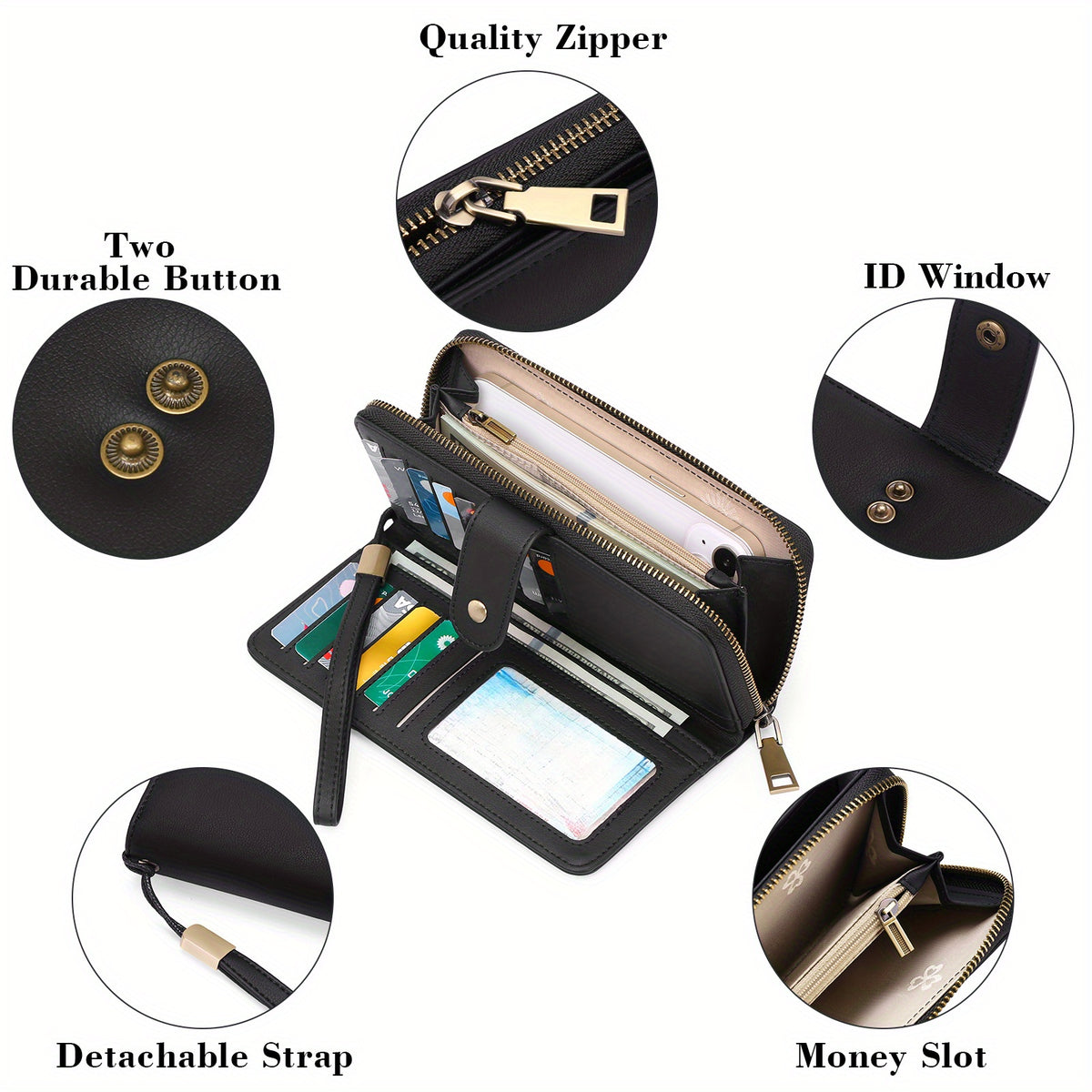 Portefeuille femme long zippé 14 cartes et poche téléphone