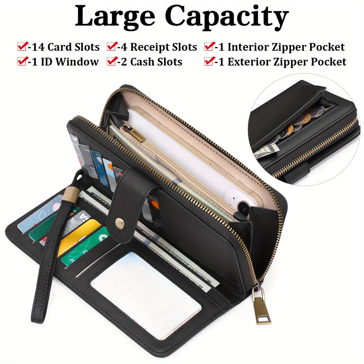 Portefeuille femme long zippé 14 cartes et poche téléphone