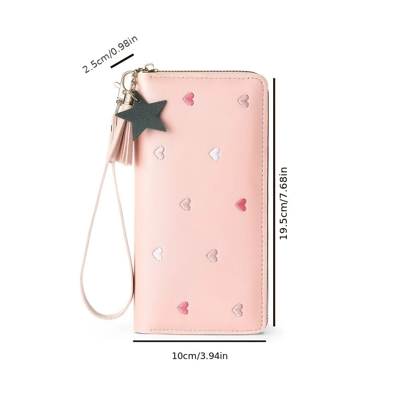 Portefeuille femme long zippé à cœurs brodés et dragonne