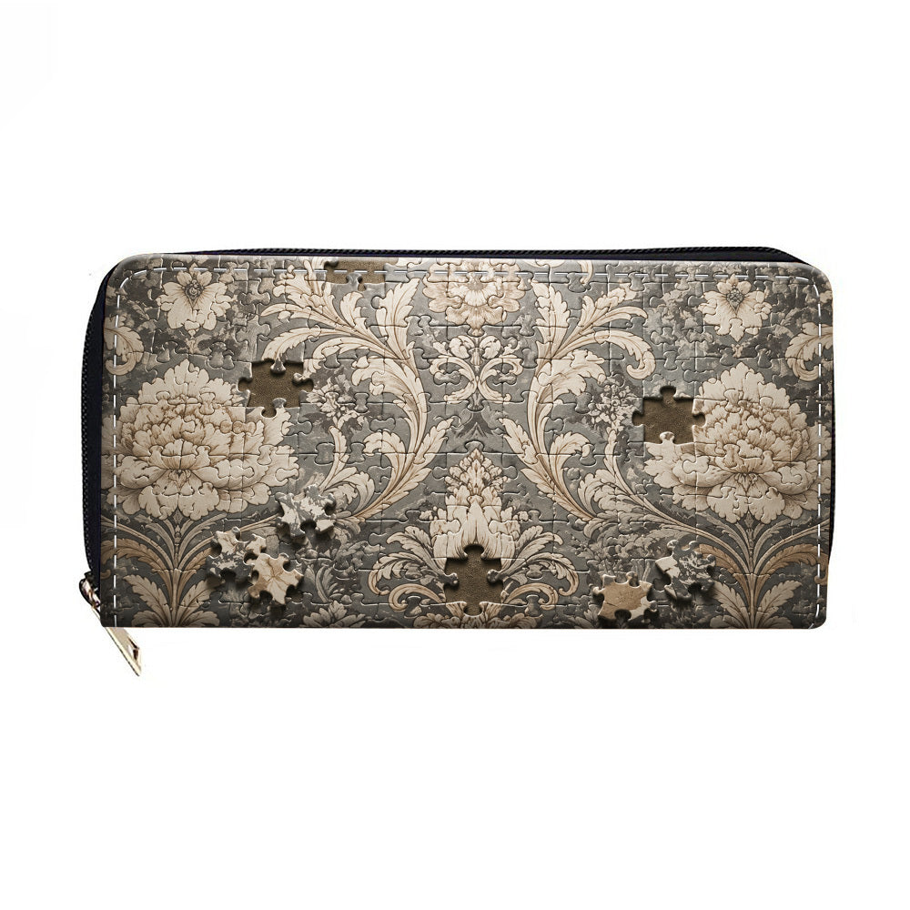 Portefeuille femme long zippé damassé, 19 x 10 x 2,5 cm