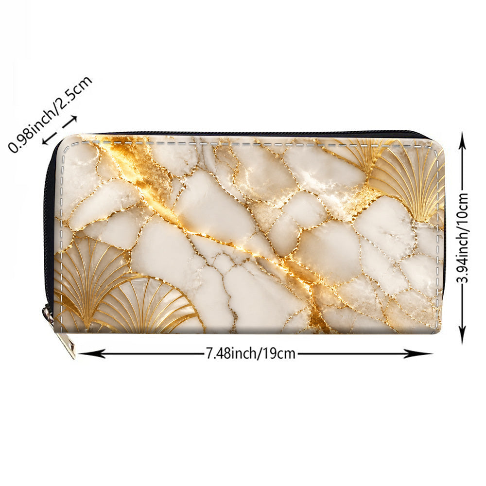 Portefeuille femme long zippé imprimé marbre blanc et or