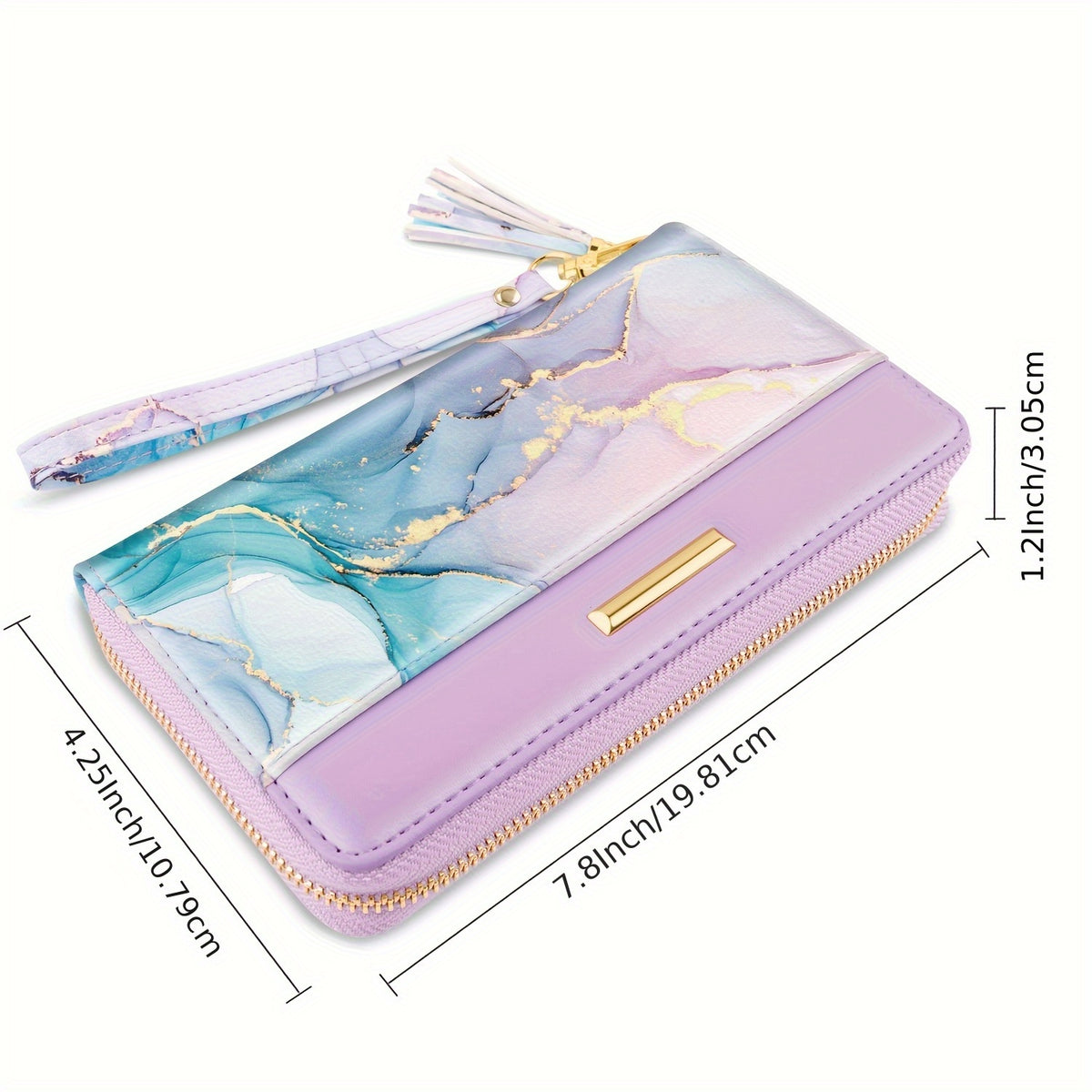 Portefeuille femme long zippé marbré doré avec gland et dragonne
