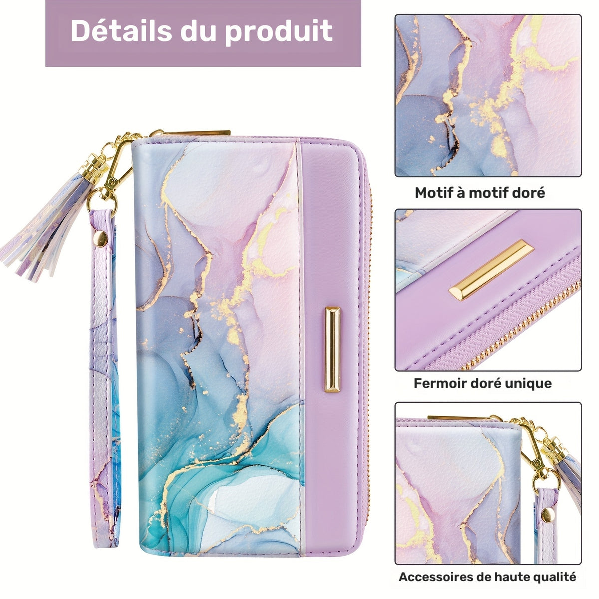 Portefeuille femme long zippé marbré doré avec gland et dragonne
