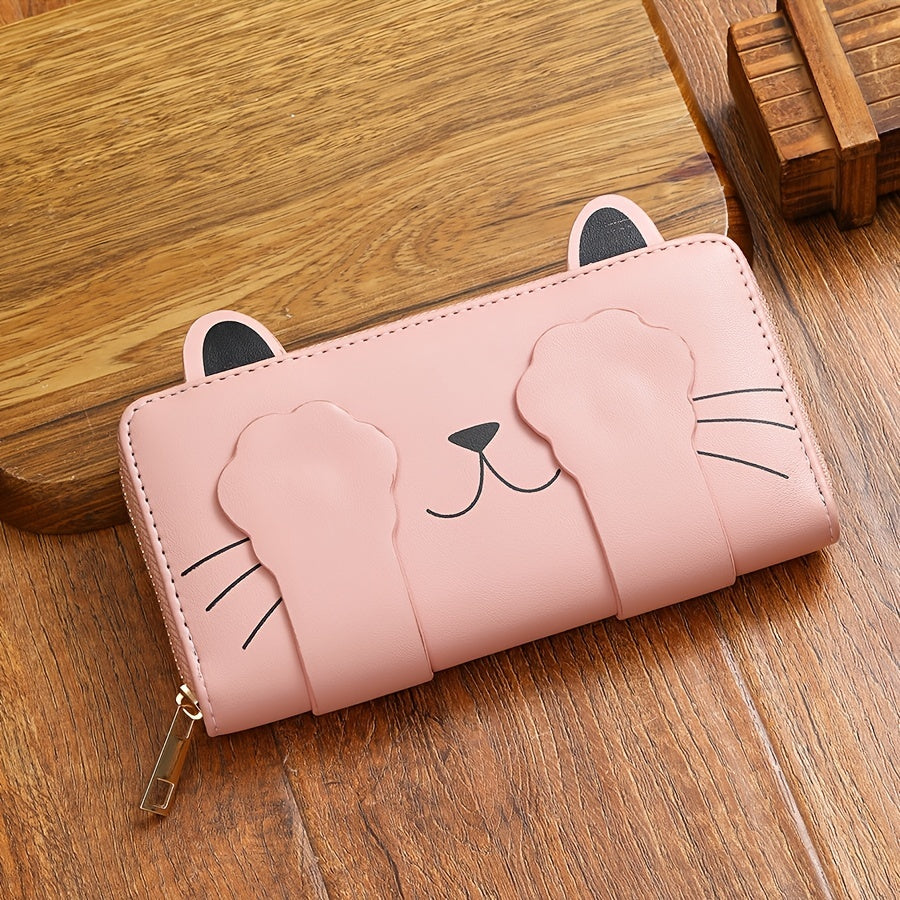 Portefeuille femme long zippé rose à oreilles et pattes de chat