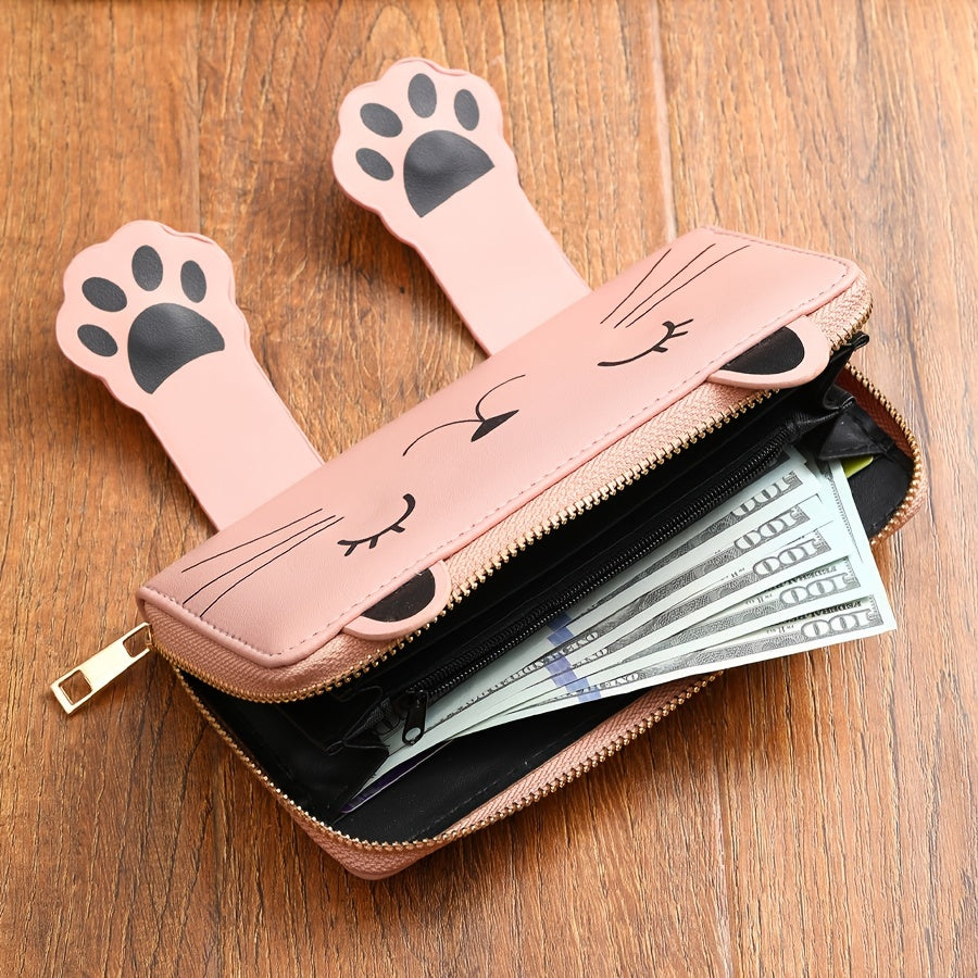 Portefeuille femme long zippé rose à oreilles et pattes de chat