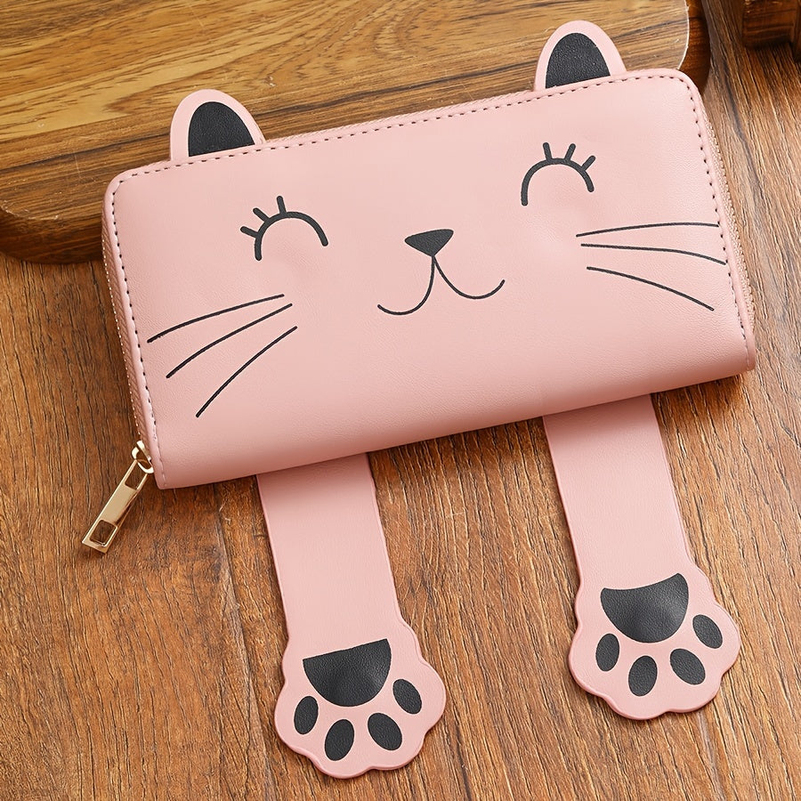 Portefeuille femme long zippé rose à oreilles et pattes de chat