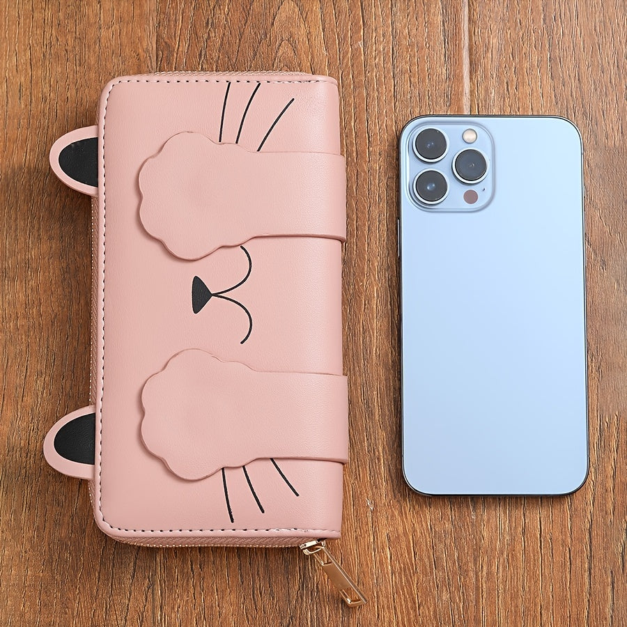 Portefeuille femme long zippé rose à oreilles et pattes de chat