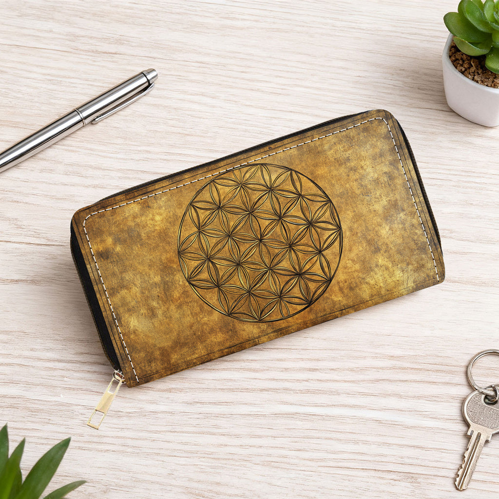 Portefeuille femme long zippé, motif fleur de vie sur fond ocre