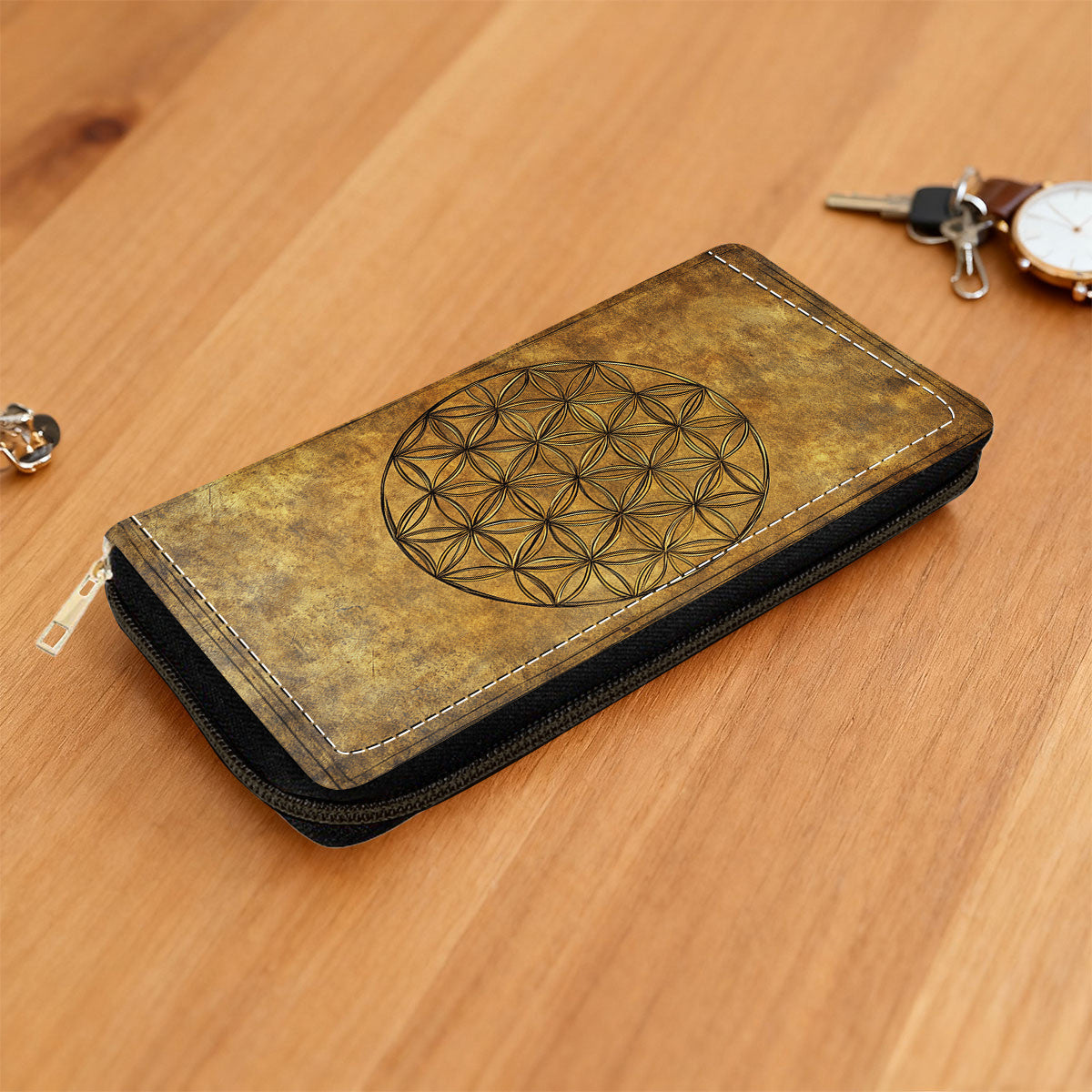 Portefeuille femme long zippé, motif fleur de vie sur fond ocre