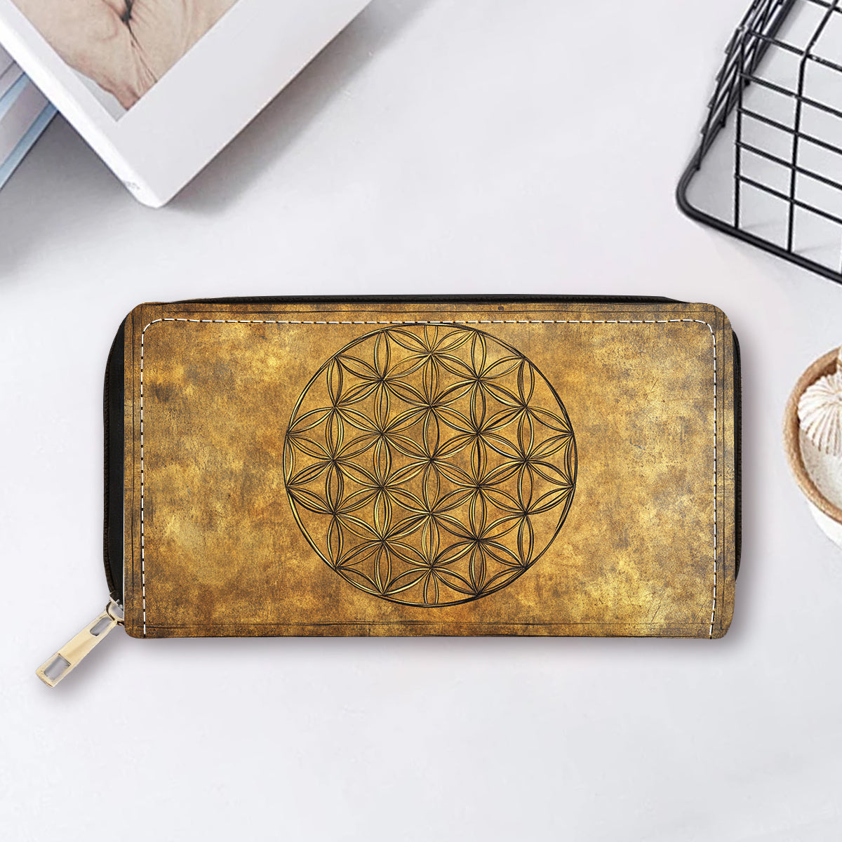 Portefeuille femme long zippé, motif fleur de vie sur fond ocre