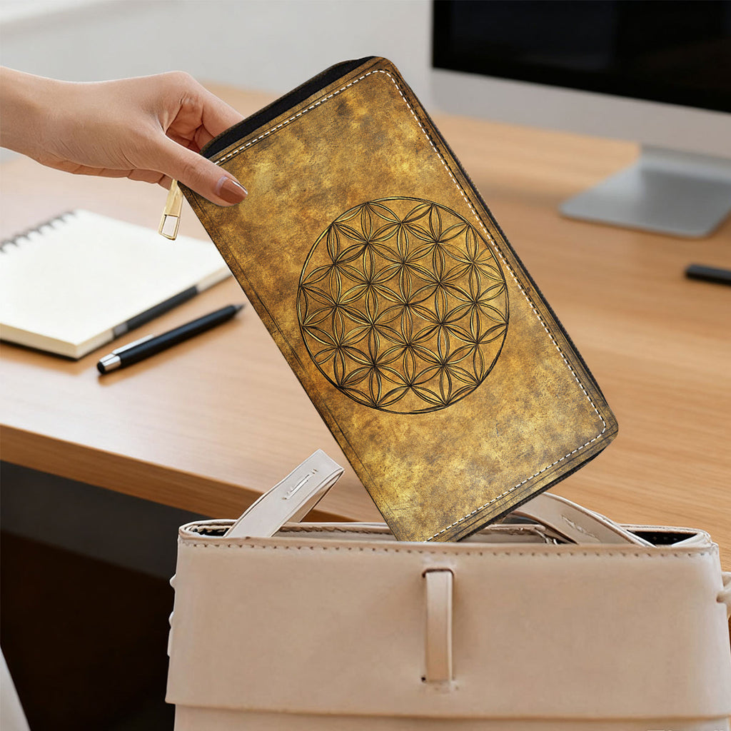 Portefeuille femme long zippé, motif fleur de vie sur fond ocre