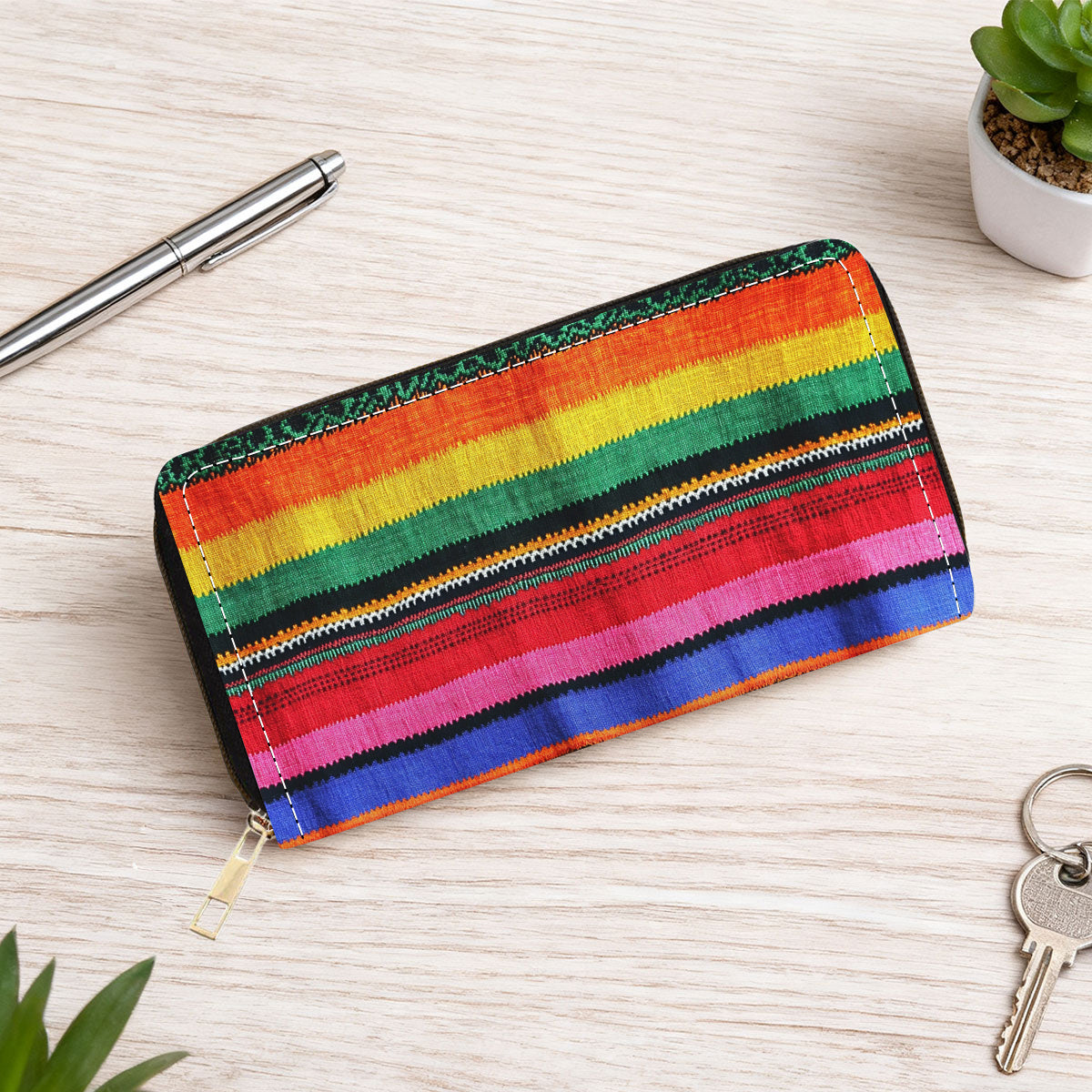 Portefeuille femme long 20 cm, bandes tissées multicolores