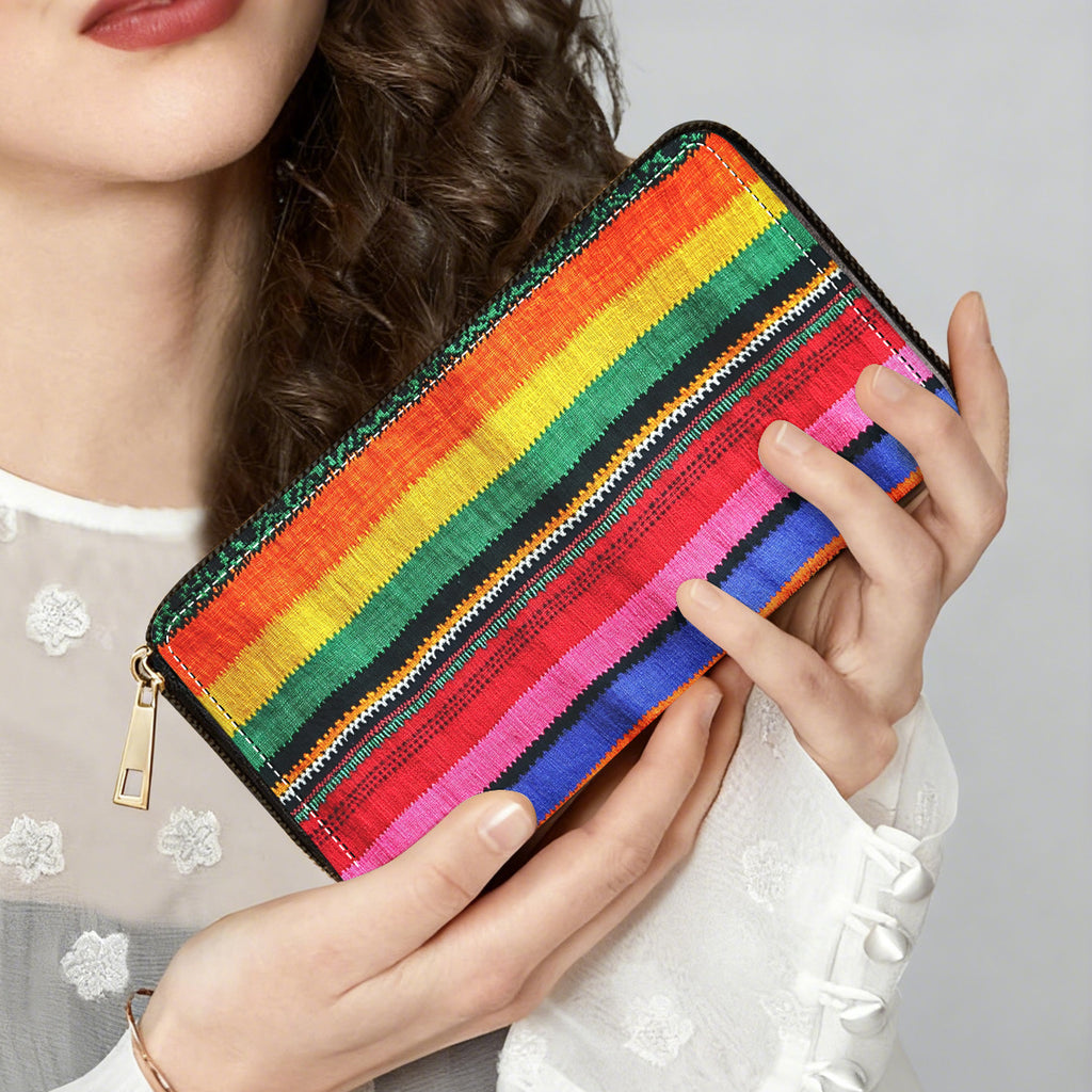 Portefeuille femme long 20 cm, bandes tissées multicolores