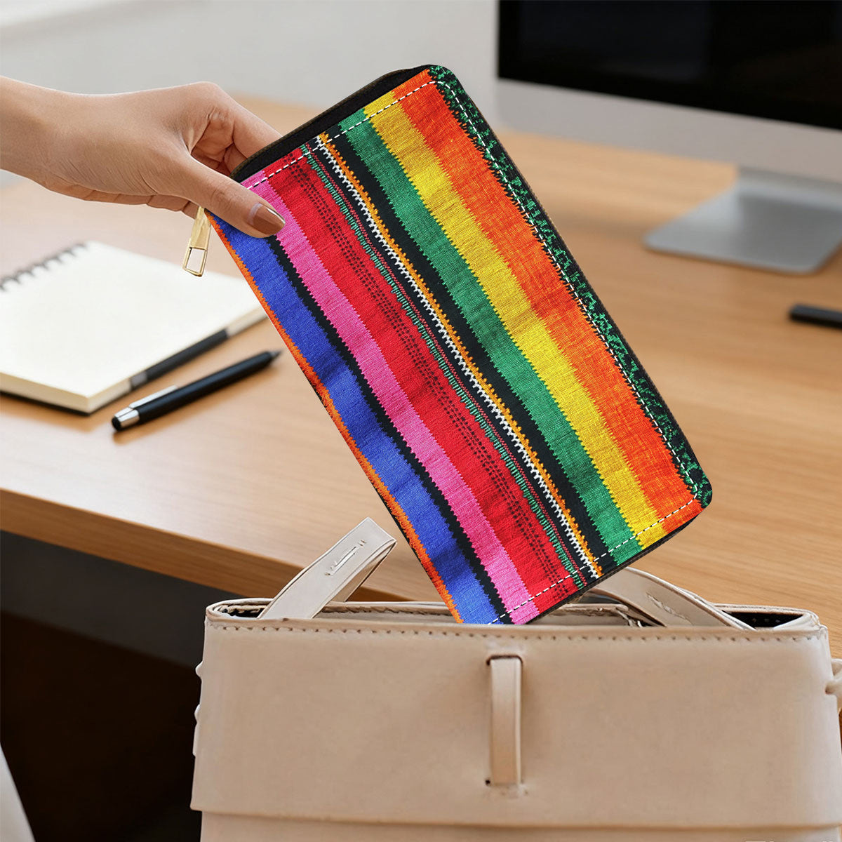 Portefeuille femme long 20 cm, bandes tissées multicolores