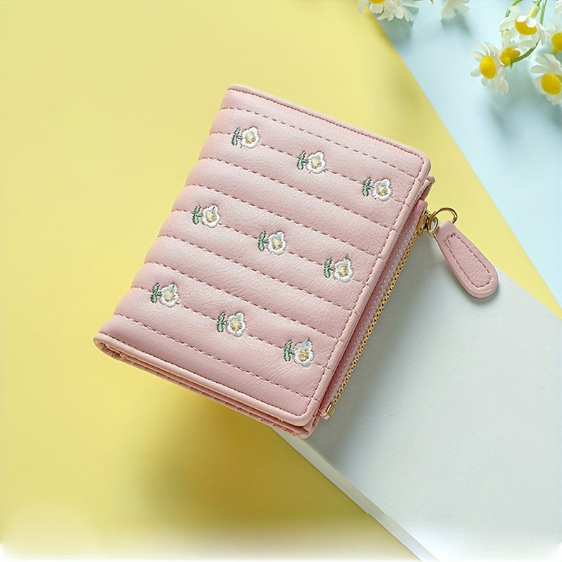 Portefeuille femme à marguerites brodées, format deux volets