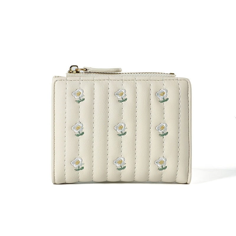 Portefeuille femme à marguerites brodées, format deux volets