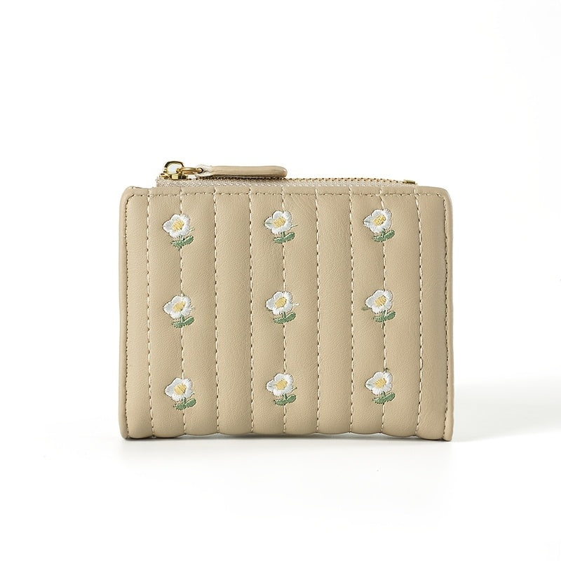 Portefeuille femme à marguerites brodées, format deux volets