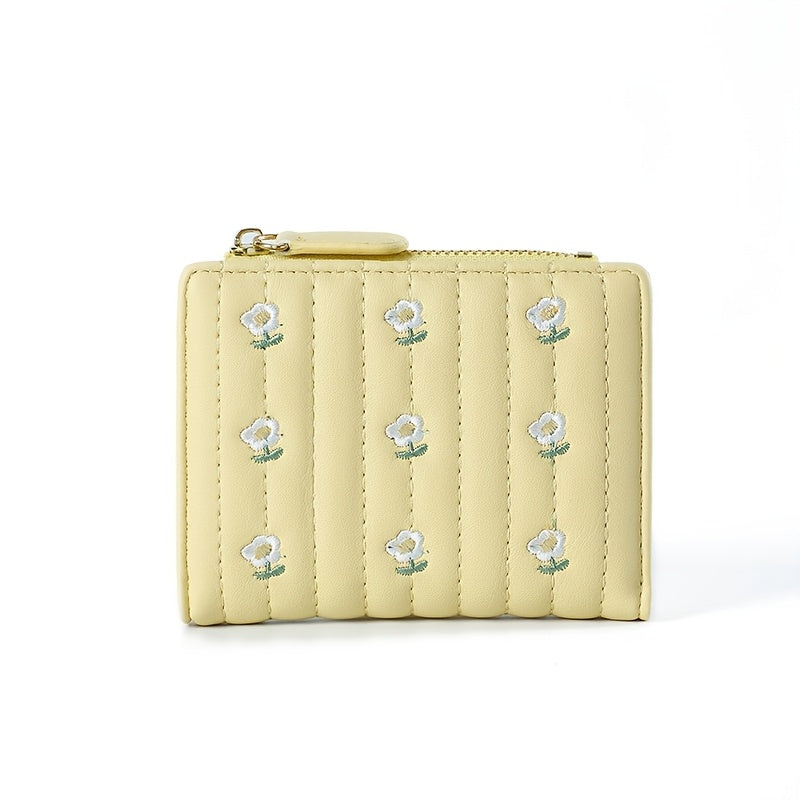 Portefeuille femme à marguerites brodées, format deux volets