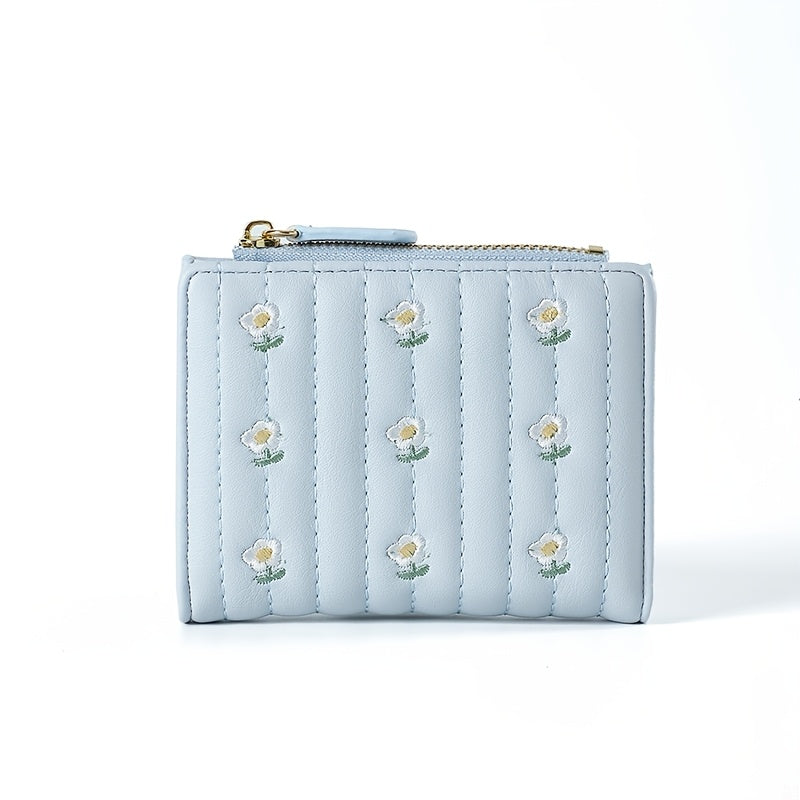 Portefeuille femme à marguerites brodées, format deux volets