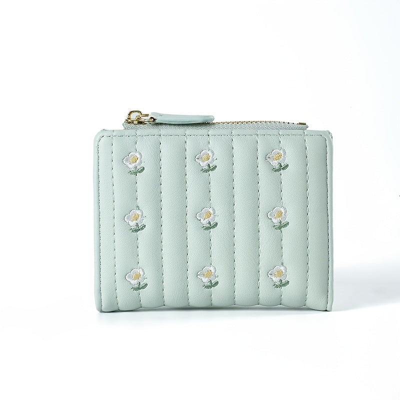 Portefeuille femme à marguerites brodées, format deux volets