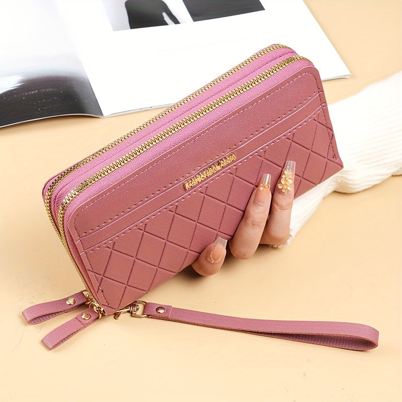 Portefeuille femme matelassé rose, double zip et dragonne