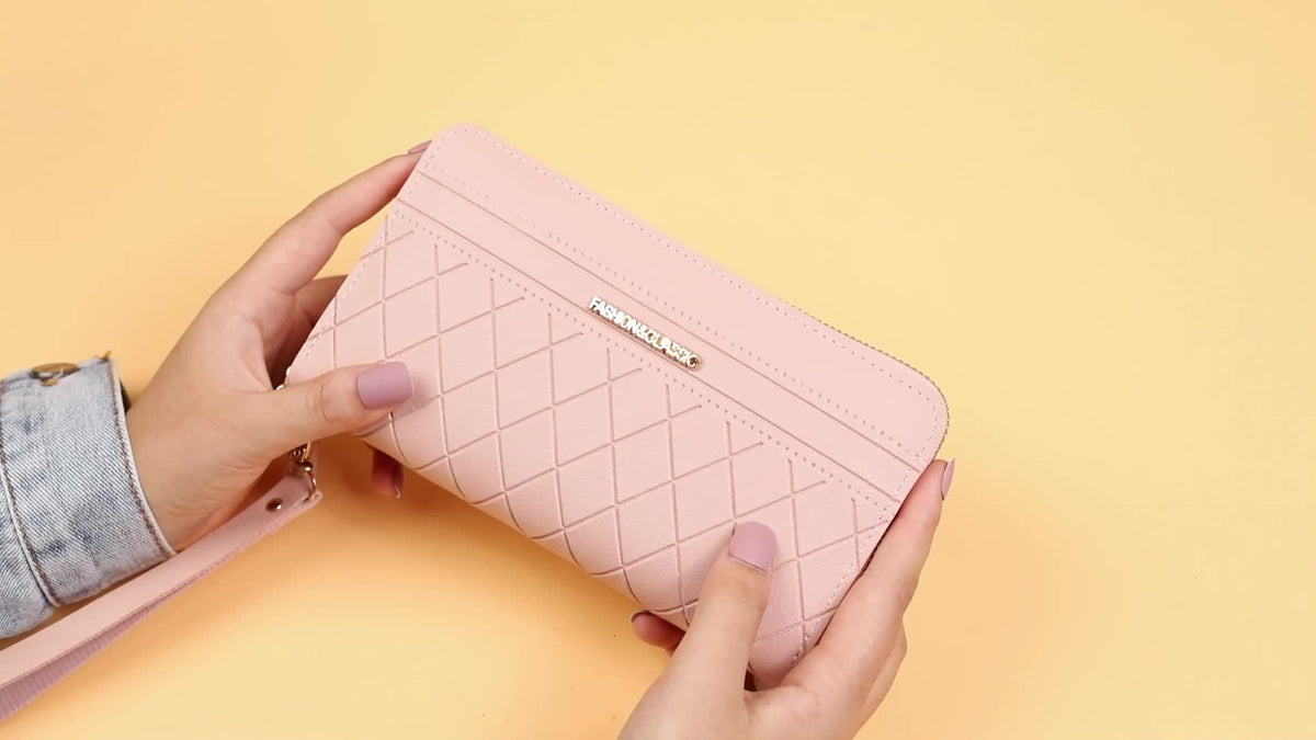 Portefeuille femme matelassé rose, double zip et dragonne