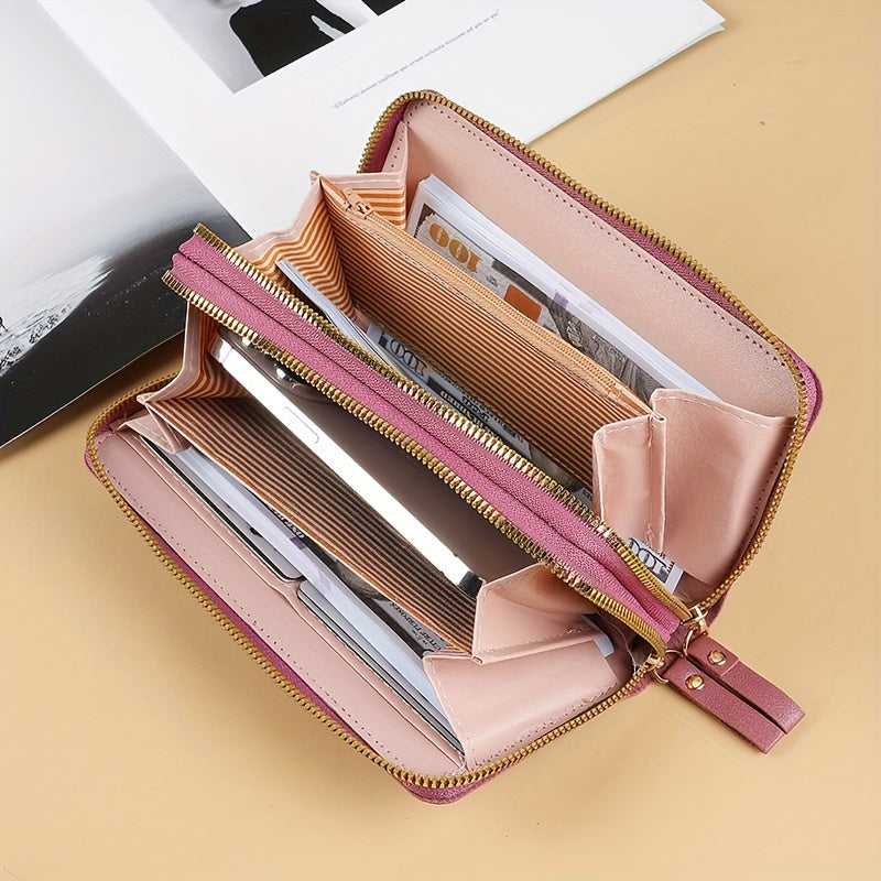 Portefeuille femme matelassé rose, double zip et dragonne