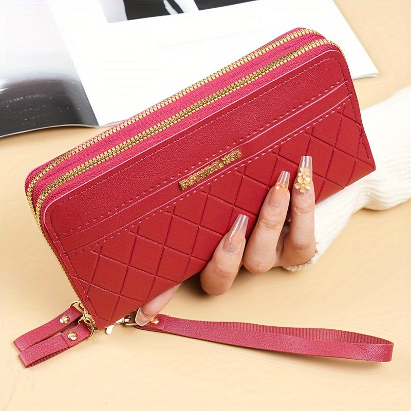 Portefeuille femme matelassé rose, double zip et dragonne