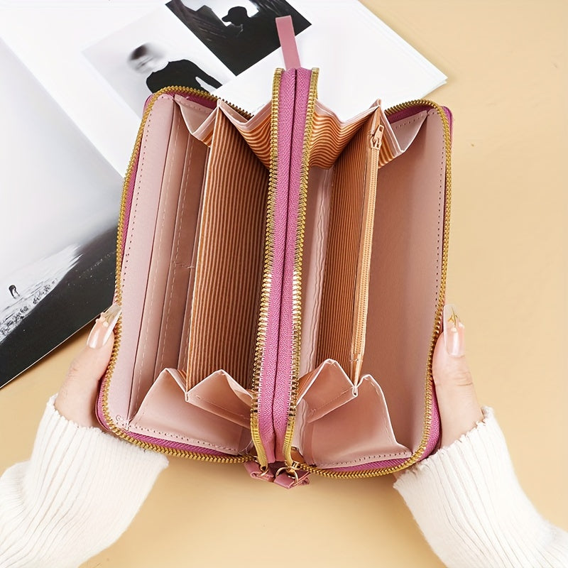 Portefeuille femme matelassé rose, double zip et dragonne