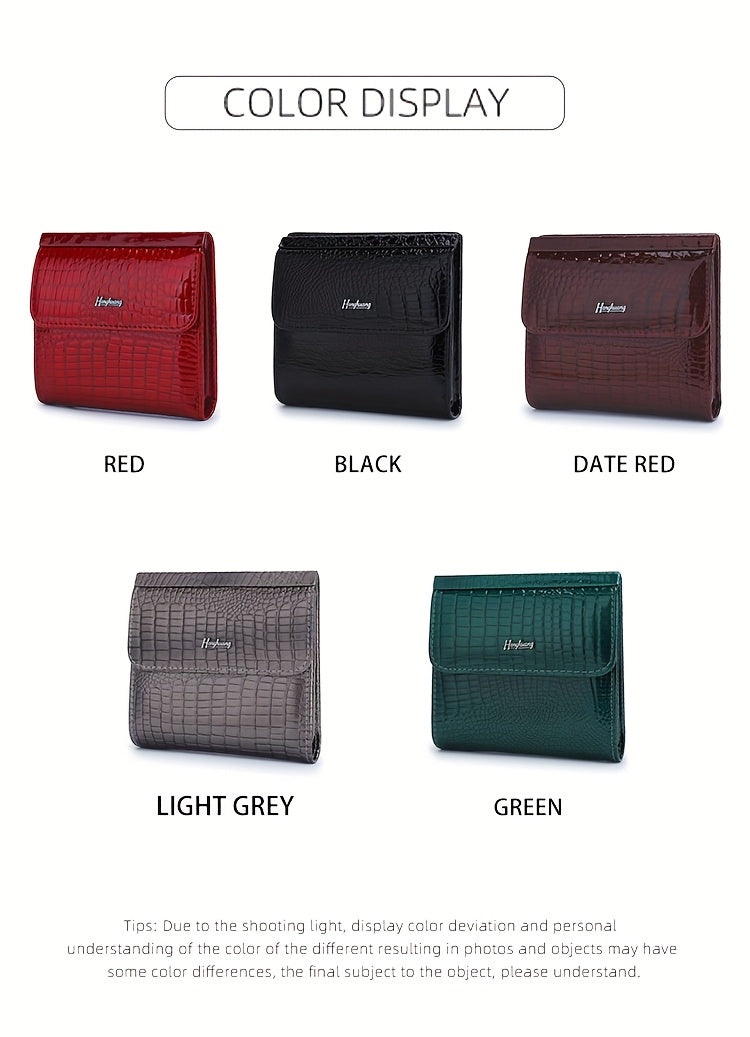Portefeuille femme mini carré de cent grammes, croco verni