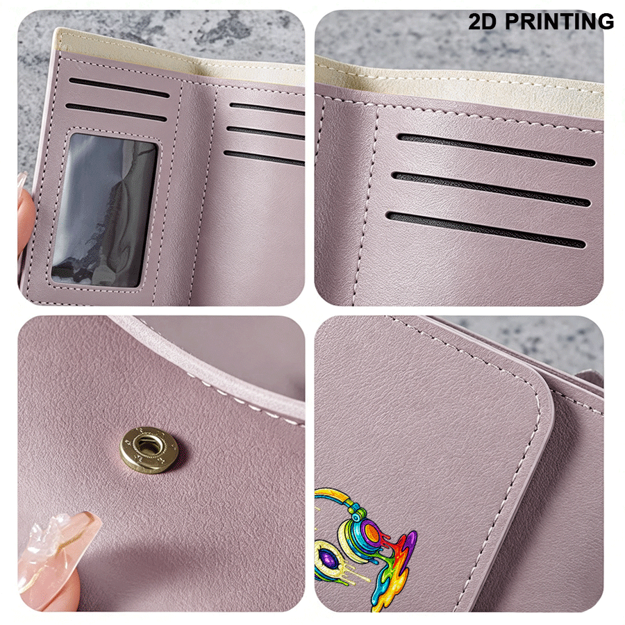 Portefeuille femme mini violet, motif casque arc-en-ciel 2D
