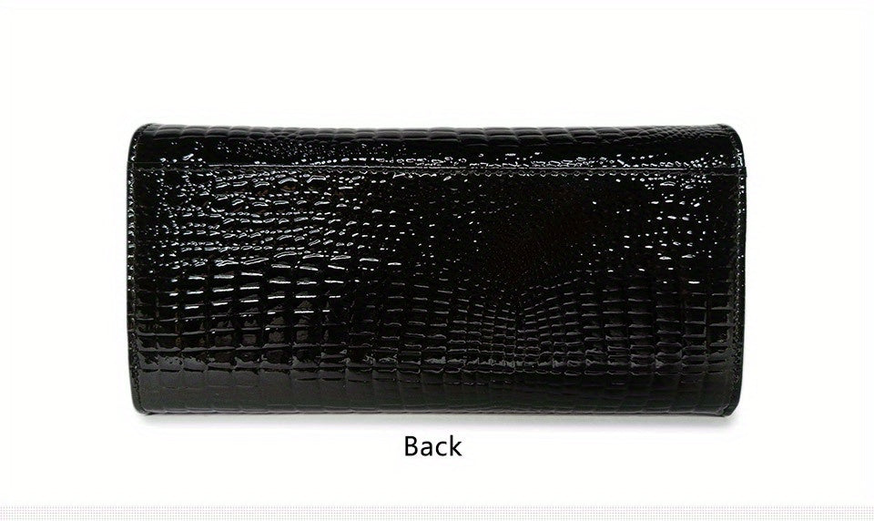 Portefeuille femme noir à grain écaille, jonc métallique