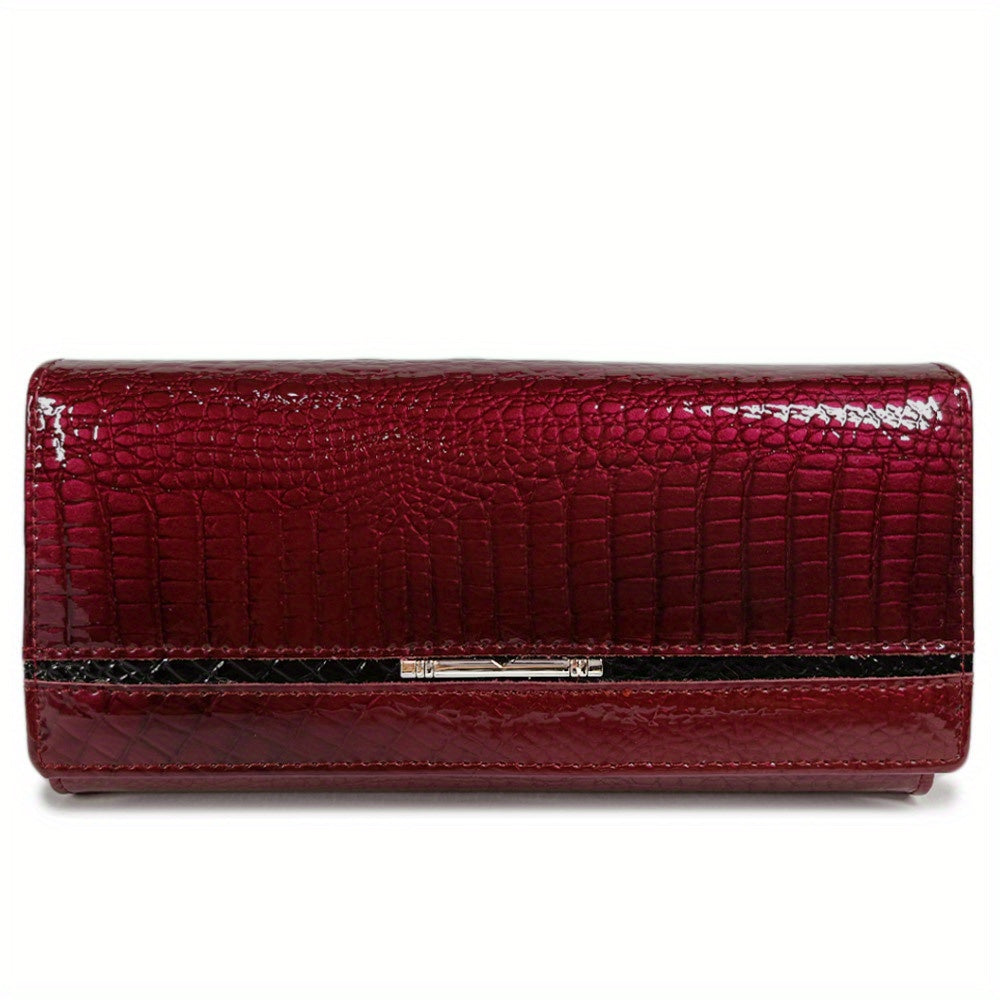 Portefeuille femme noir à grain écaille, jonc métallique