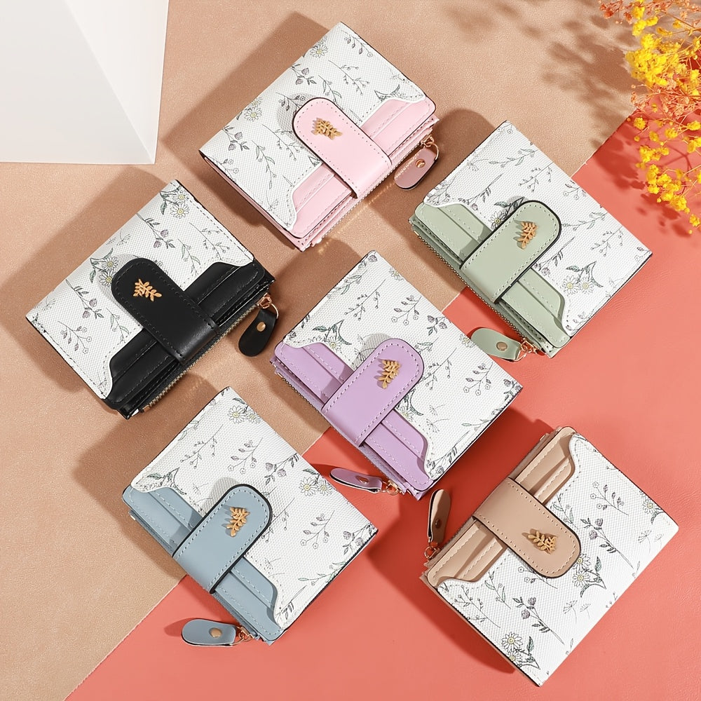 Portefeuille femme petit à fleurs, zip et fenêtre, 12 cm