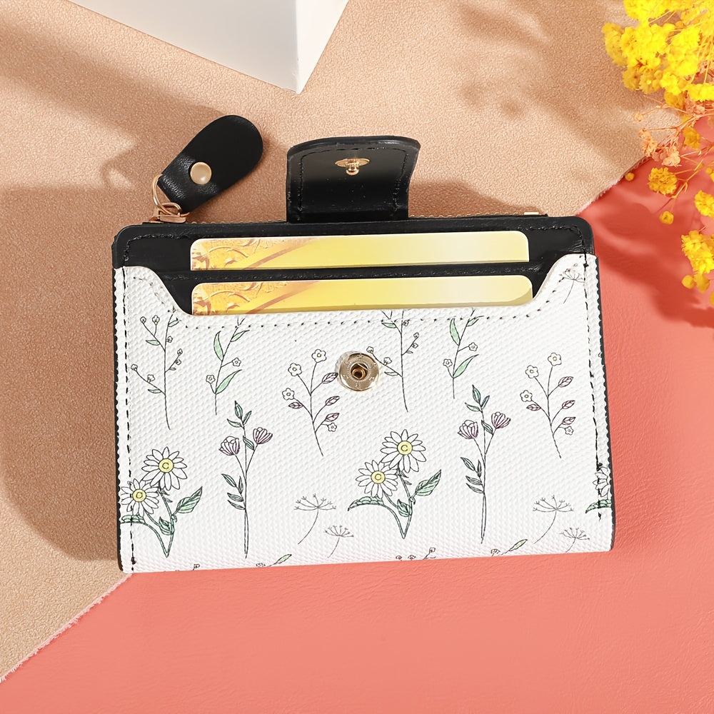 Portefeuille femme petit à fleurs, zip et fenêtre, 12 cm