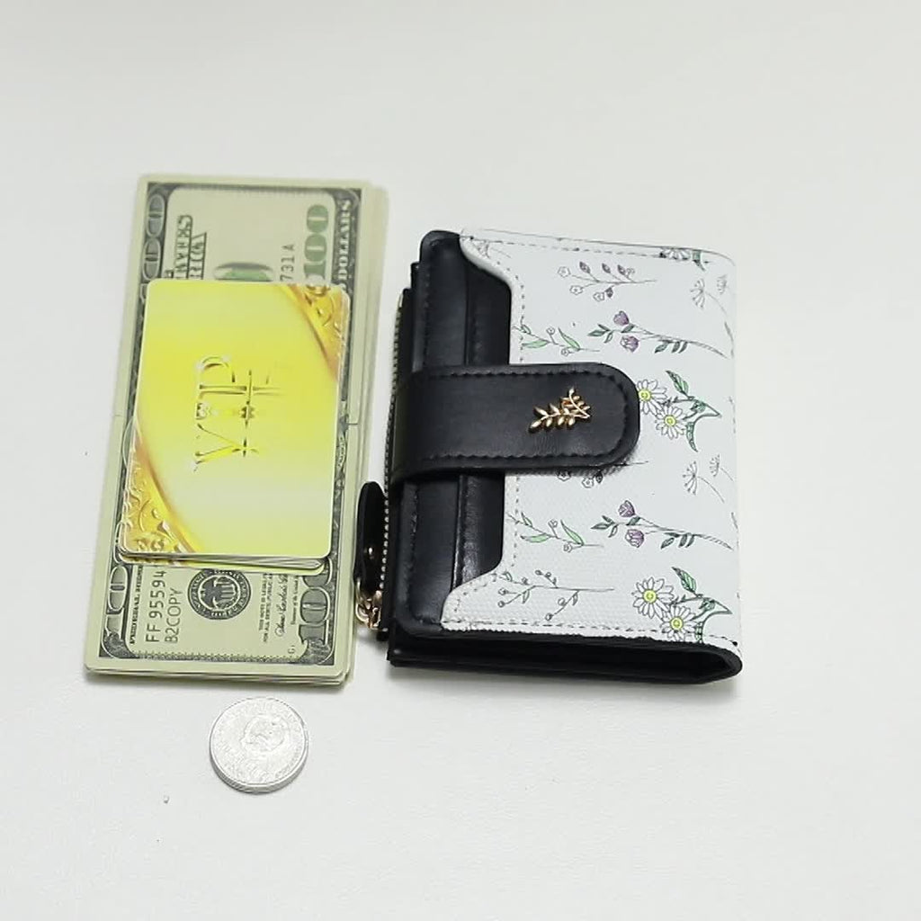 Portefeuille femme petit à fleurs, zip et fenêtre, 12 cm