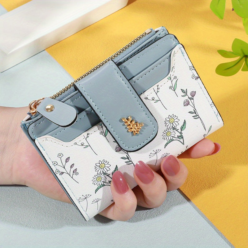 Portefeuille femme petit à rabat, motif fleurs des champs