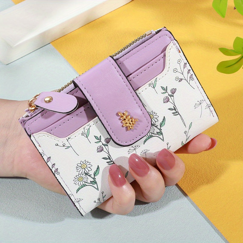 Portefeuille femme petit à rabat, motif fleurs des champs