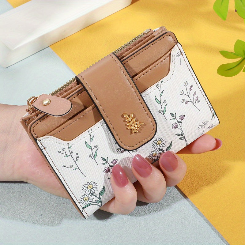 Portefeuille femme petit à rabat, motif fleurs des champs