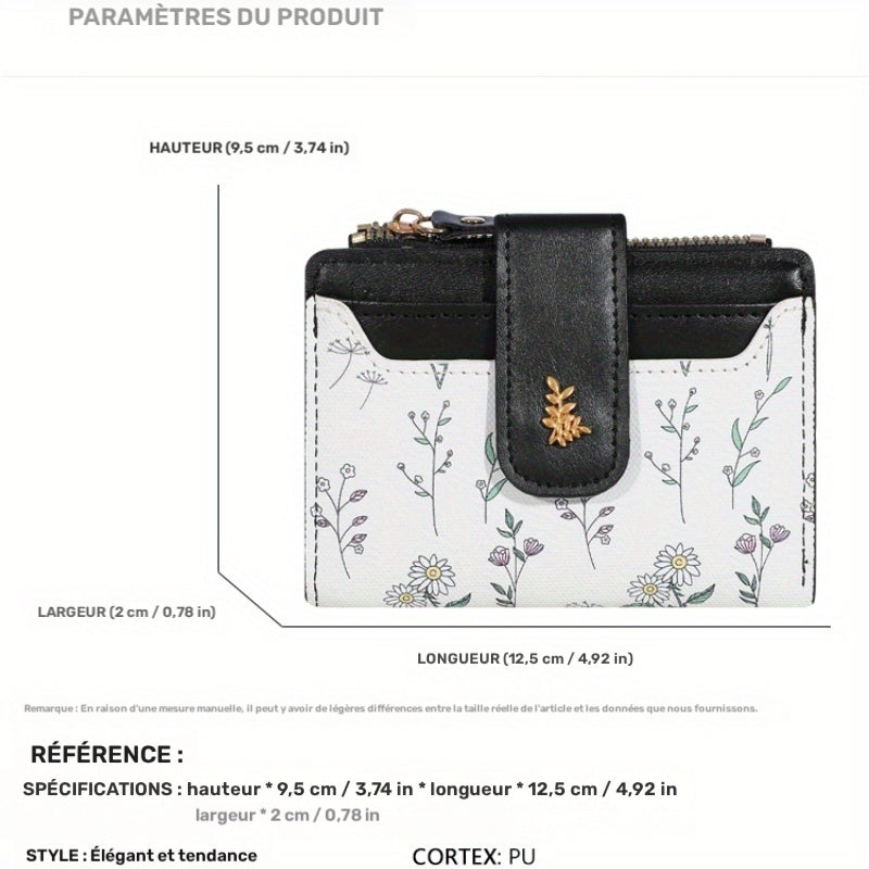 Portefeuille femme petit à rabat, motif fleurs des champs