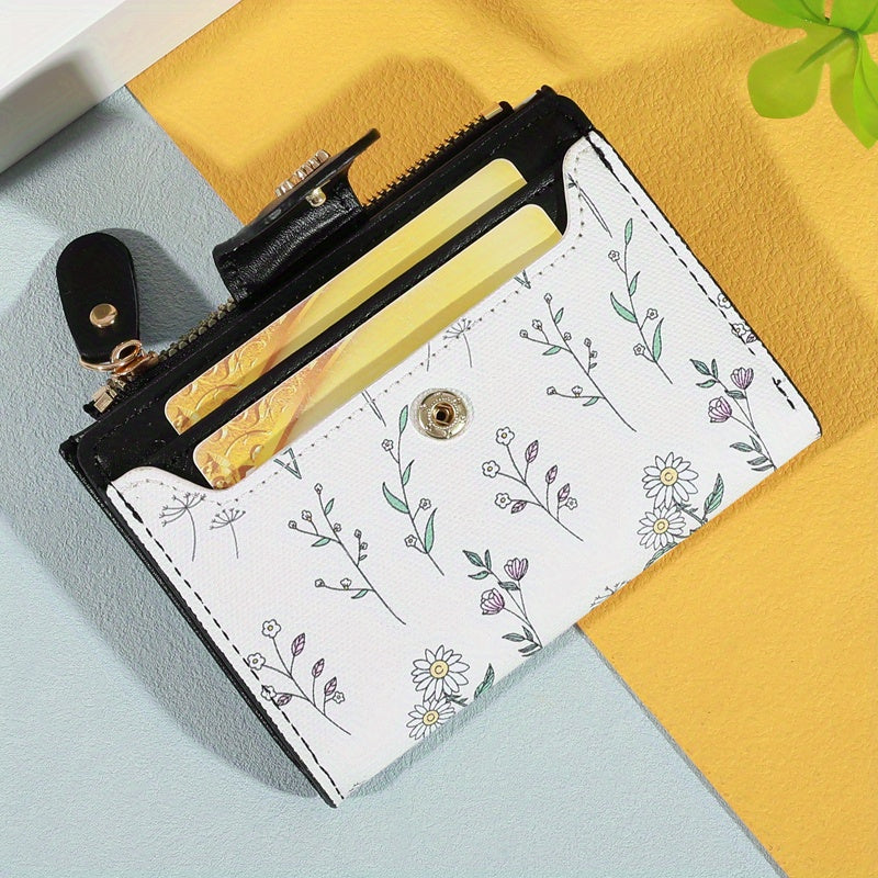 Portefeuille femme petit à rabat, motif fleurs des champs