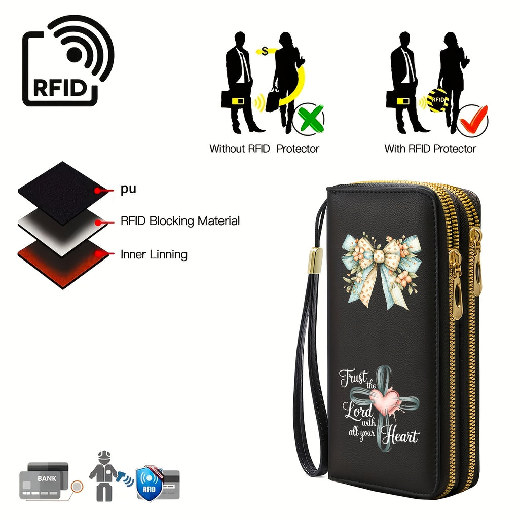 Portefeuille femme pochette anti-RFID à nœud fleuri imprimé