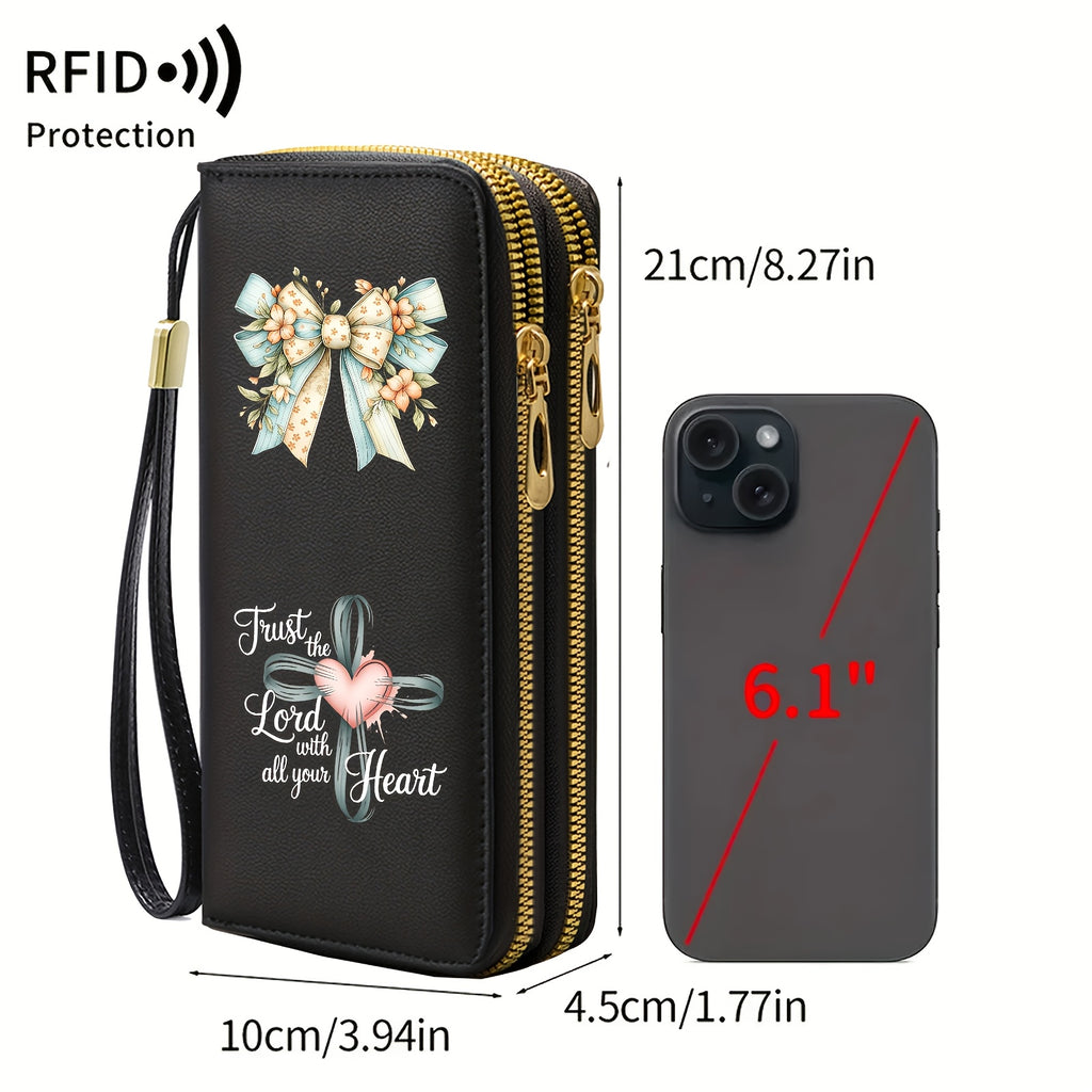 Portefeuille femme pochette anti-RFID à nœud fleuri imprimé