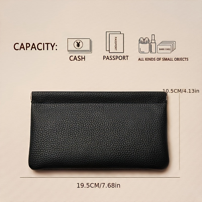 Portefeuille femme pochette plate en cuir, fermoir automatique