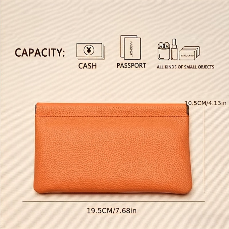 Portefeuille femme pochette plate en cuir, fermoir automatique