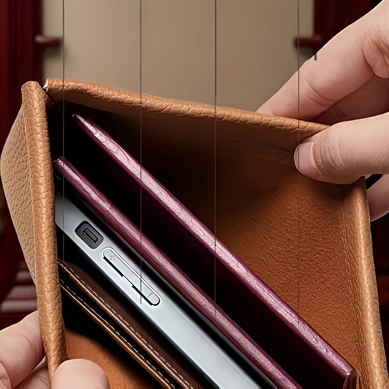 Portefeuille femme pochette plate en cuir, fermoir automatique