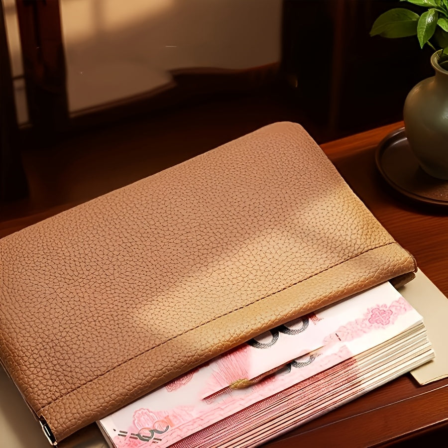 Portefeuille femme pochette plate en cuir, fermoir automatique
