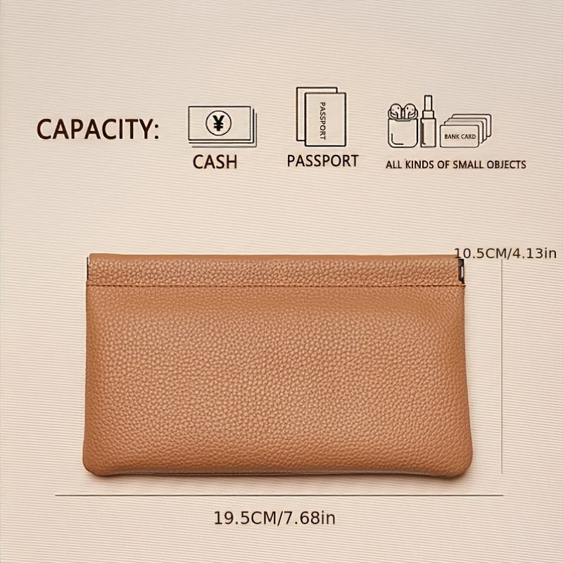 Portefeuille femme pochette plate en cuir, fermoir automatique