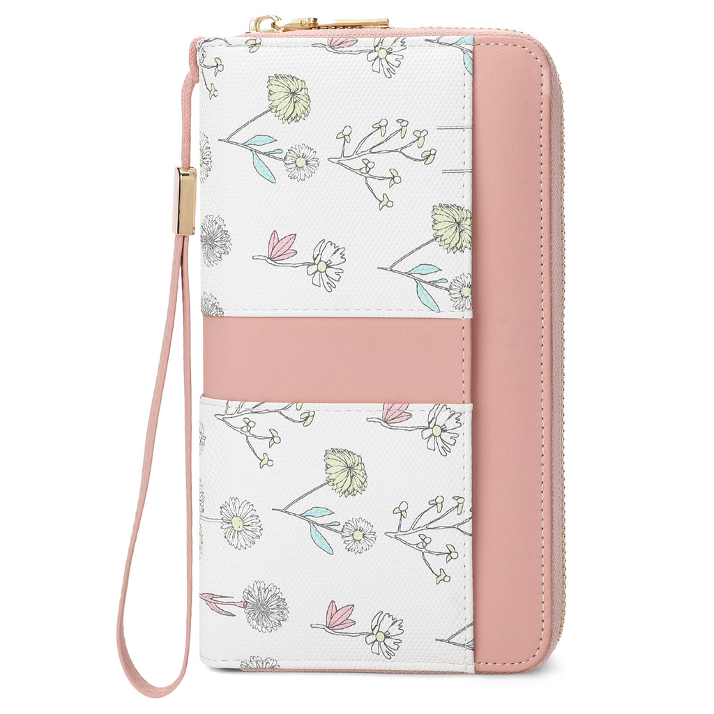 Portefeuille femme pochette fleurie anti-RFID grande capacité